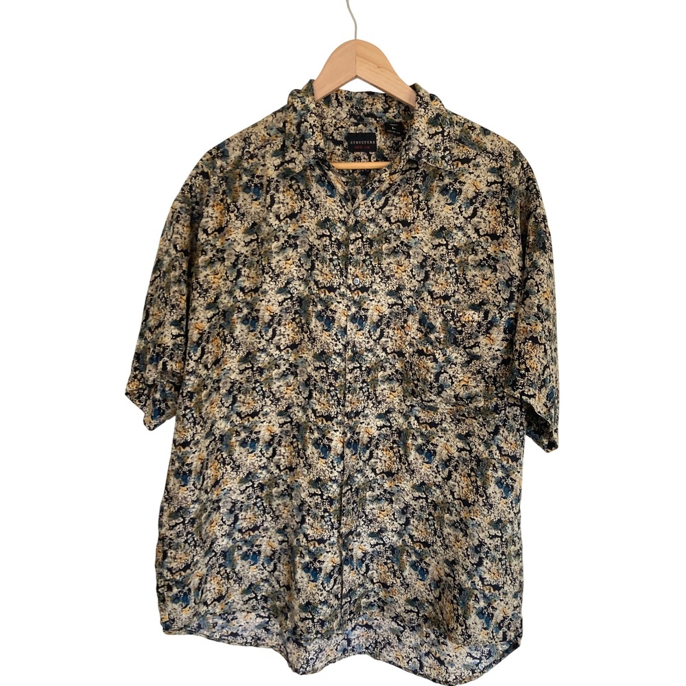 Structure Mens 100% Silk Floral Tapestry Short Sleeve‎ Button Down Shirt Large